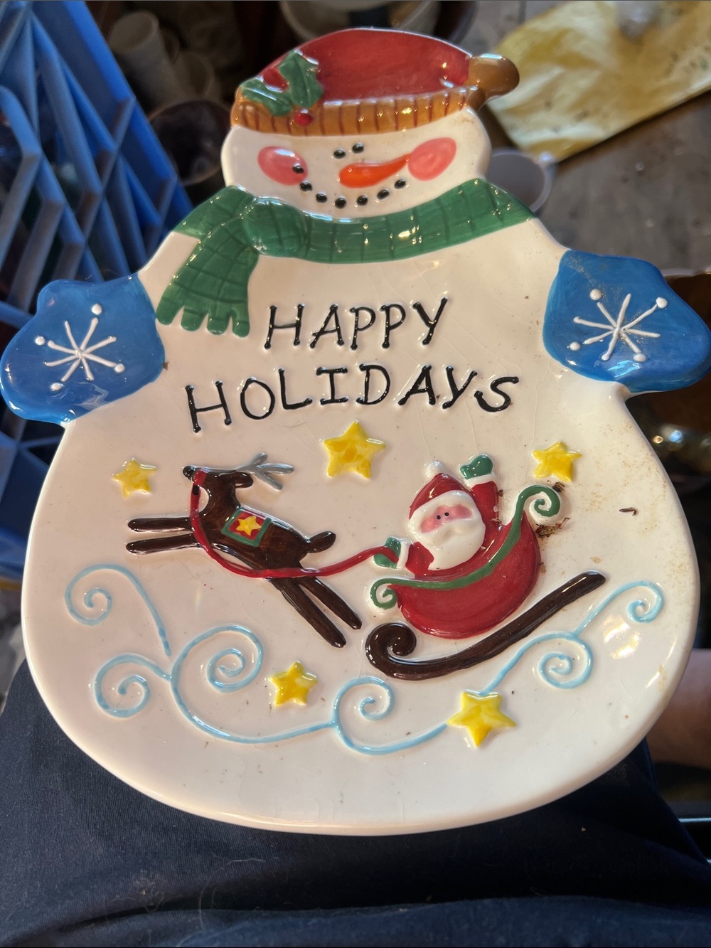 Vintage Happy Holidays Snowman Ceramic Serving Platter - White, Green & Blue